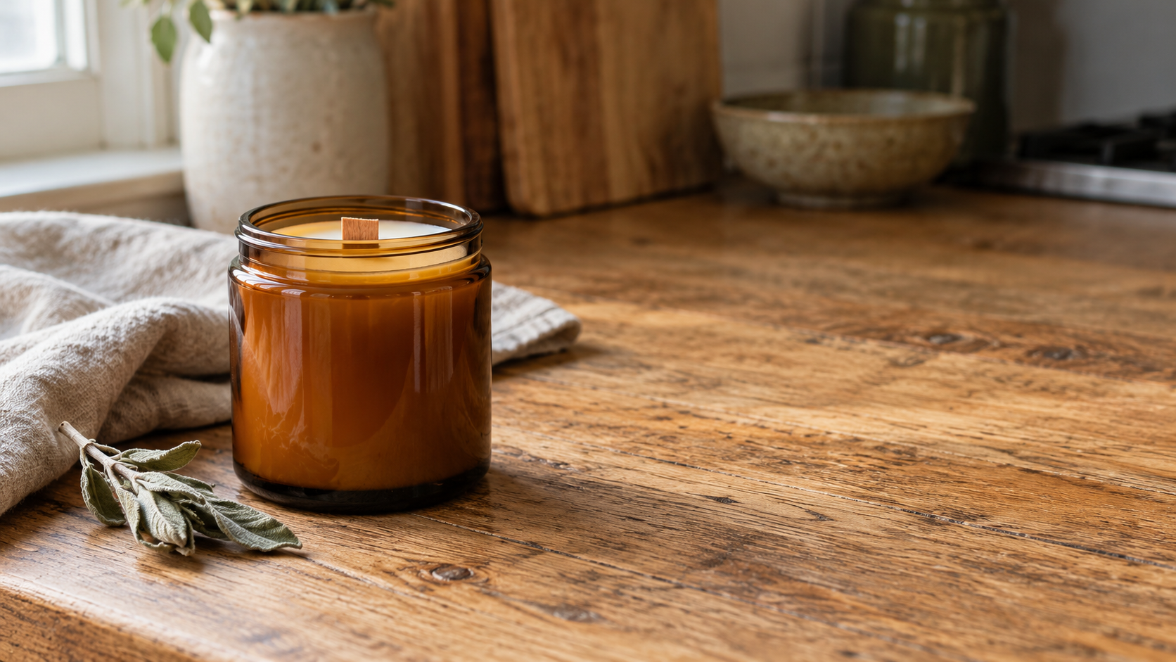 A hand poured candle in an amber glass jar with a wooden wick on an oak kitchen counter in morning light