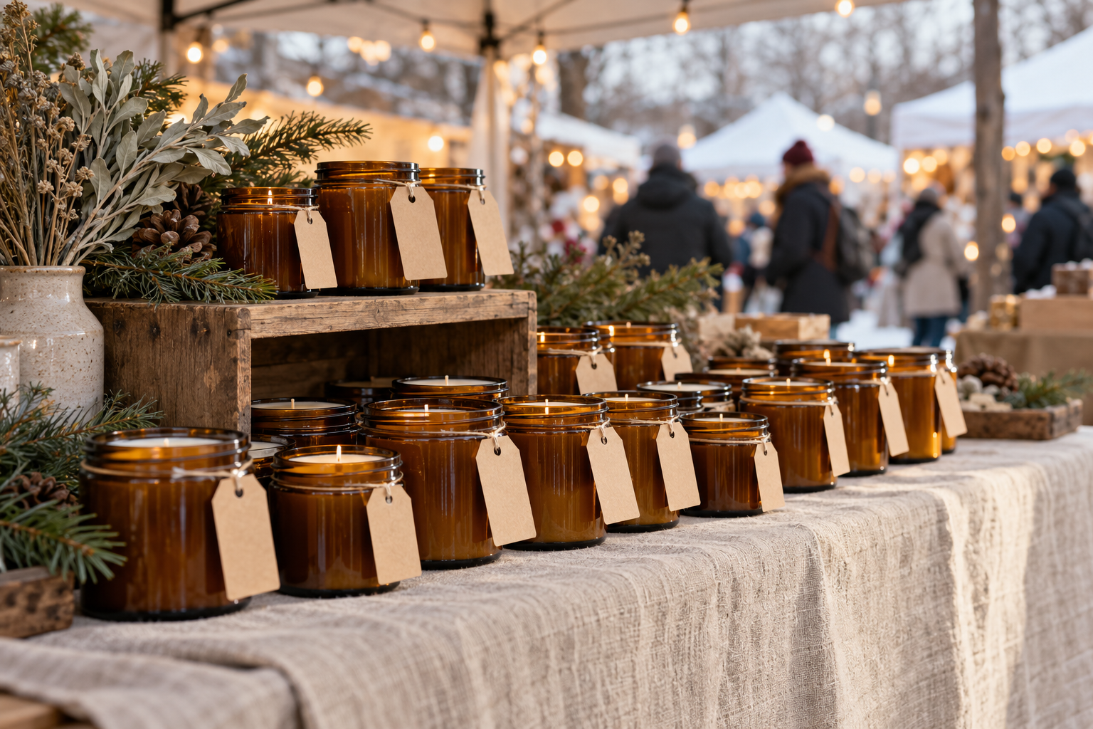 A market booth table of amber jar candles with kraft tags under string lights on a winter morning