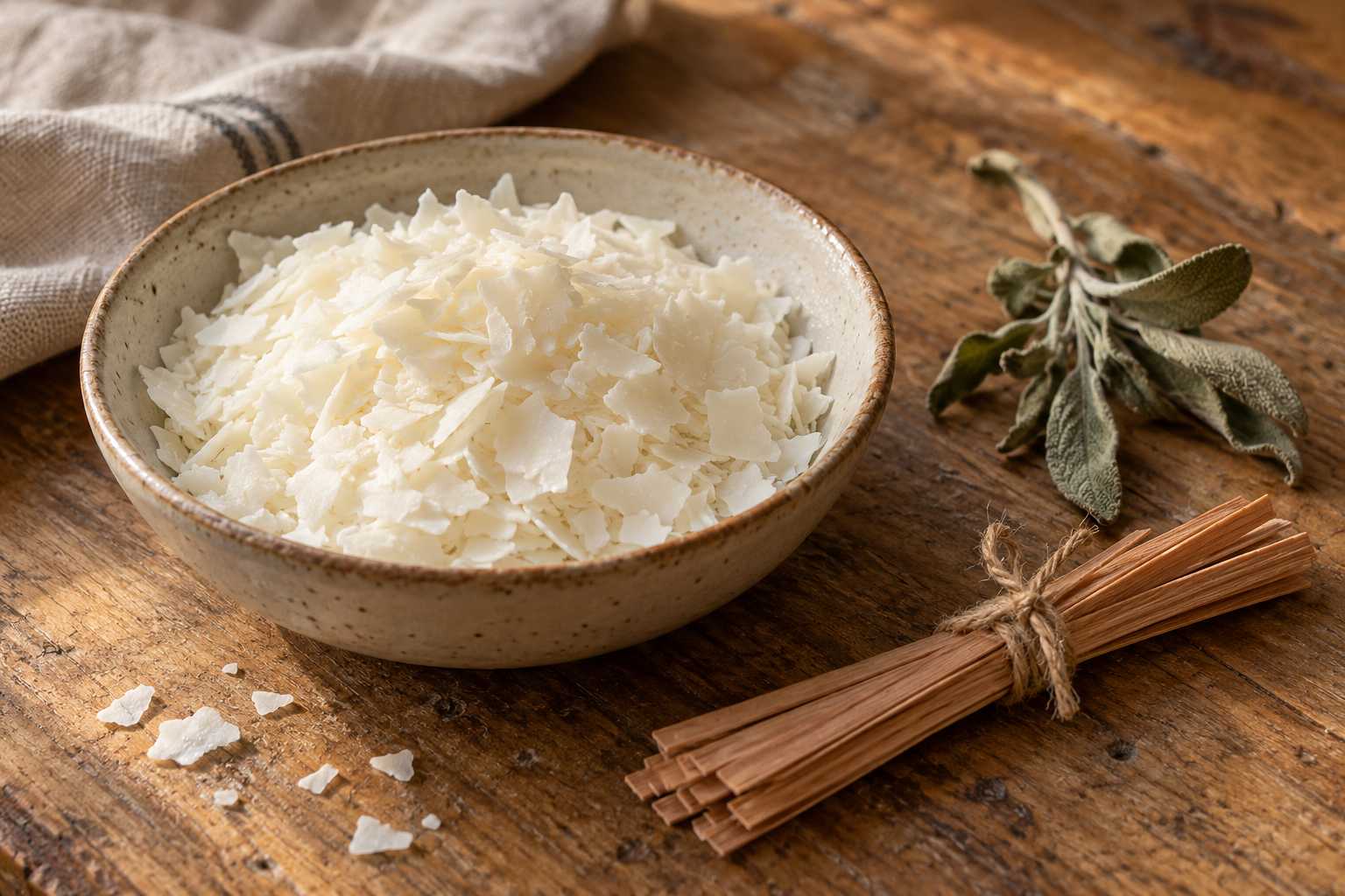 A stoneware bowl of coconut and soy wax flakes beside a bundle of wooden wicks and dried sage on an oak counter