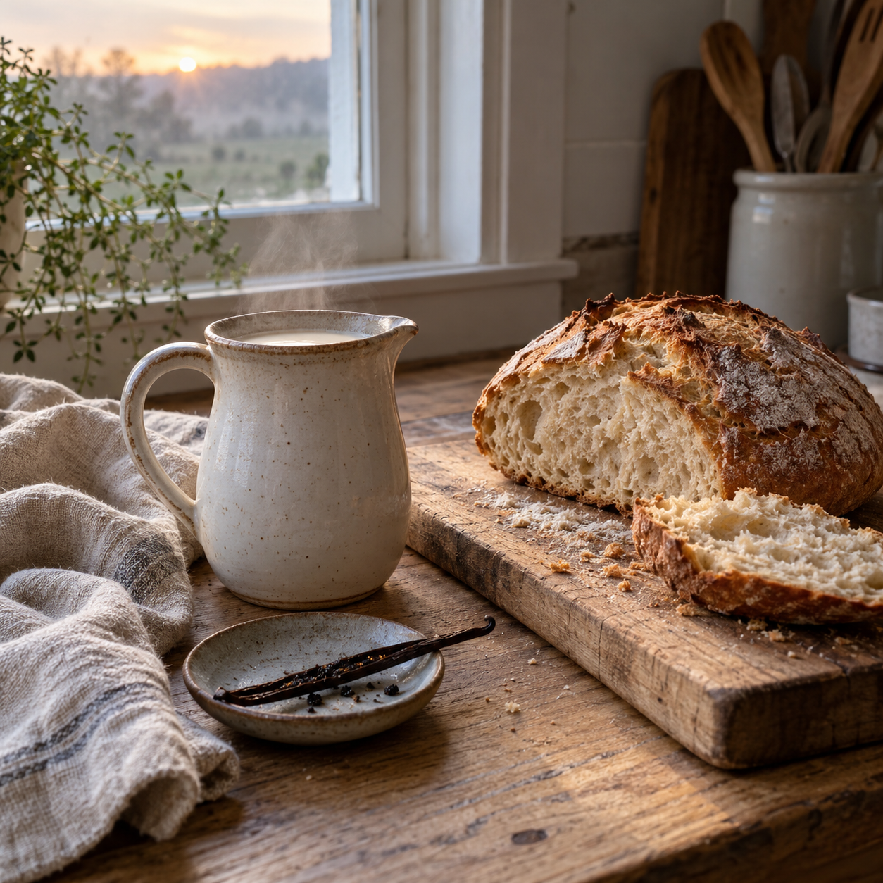 A milk jug, a vanilla pod and fresh bread on a kitchen counter at dawn