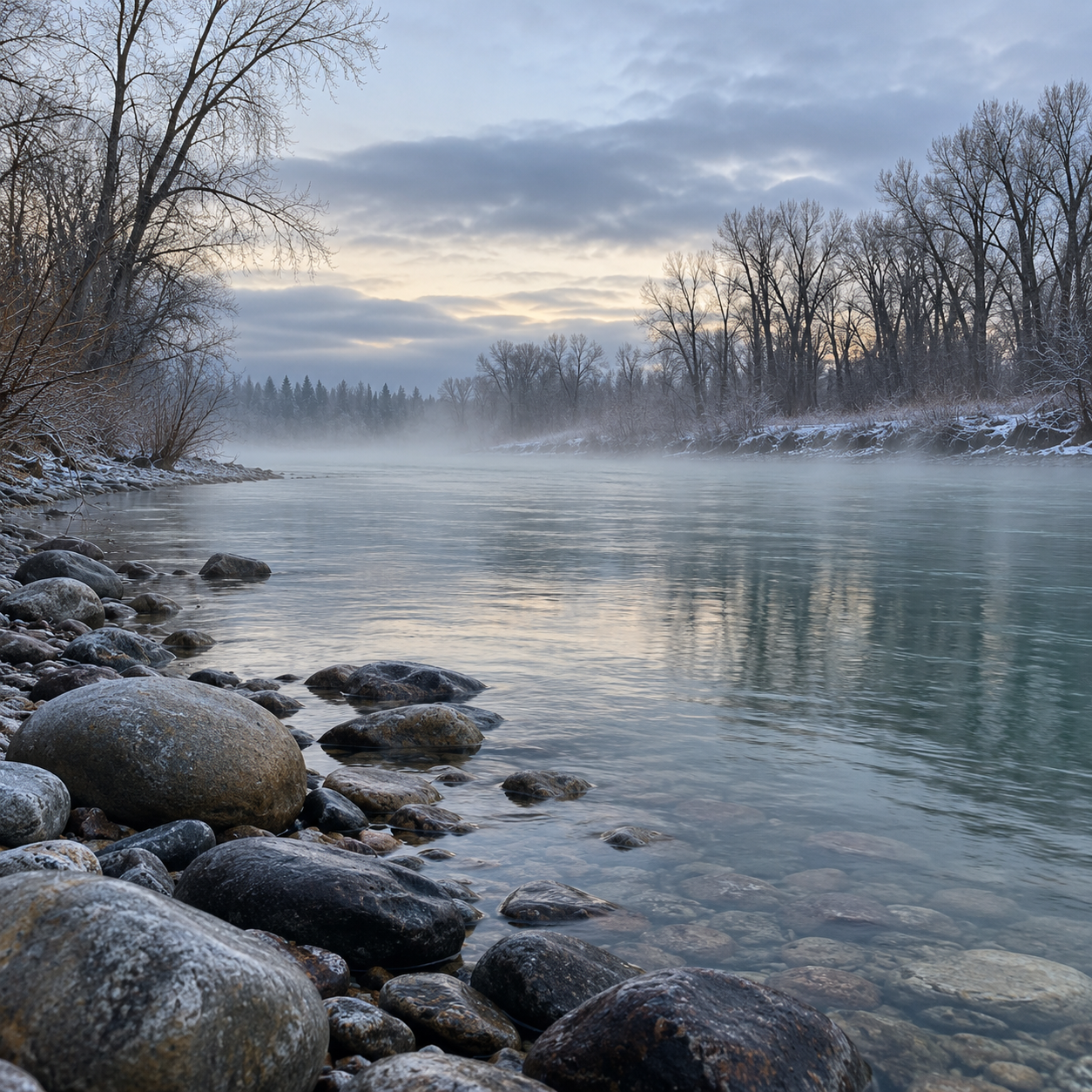 Mist over the Bow River at dawn with river stones on the bank