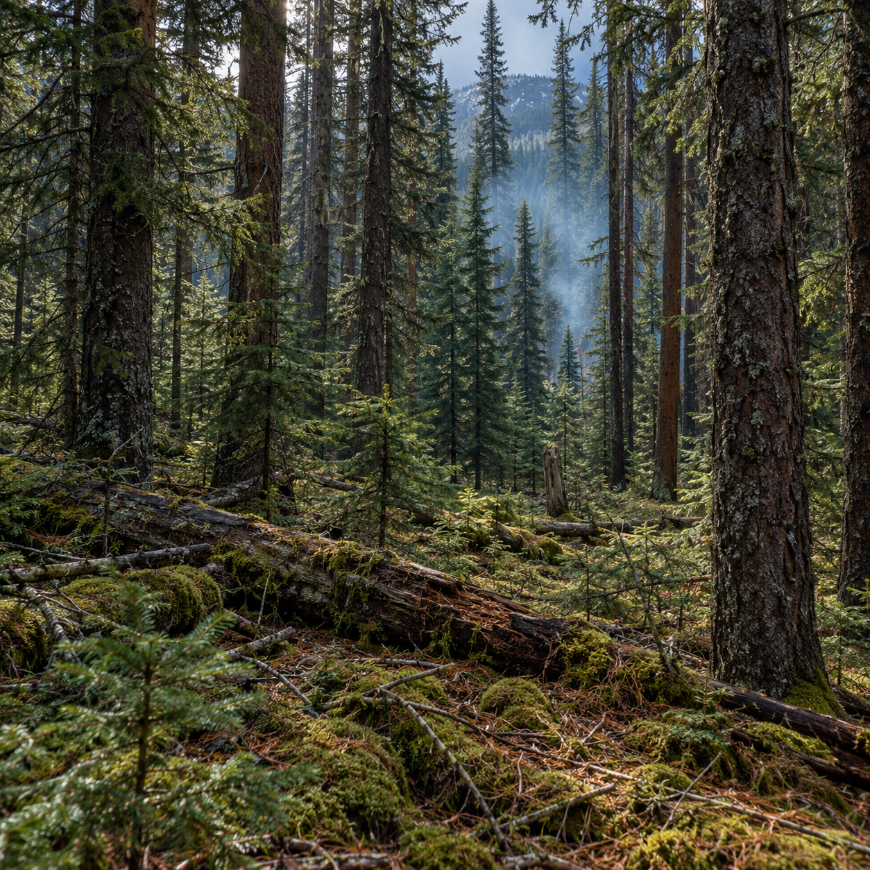 A spruce forest in the Rockies with moss and fallen needles