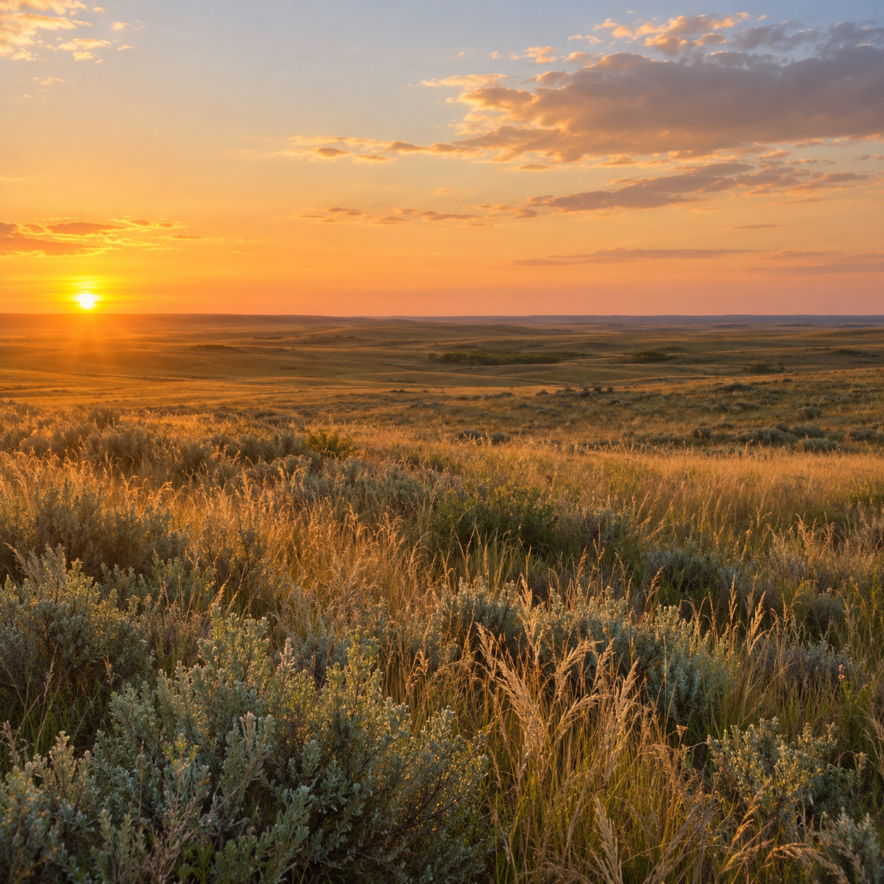 Sage and long grass on the Alberta prairie at sunset