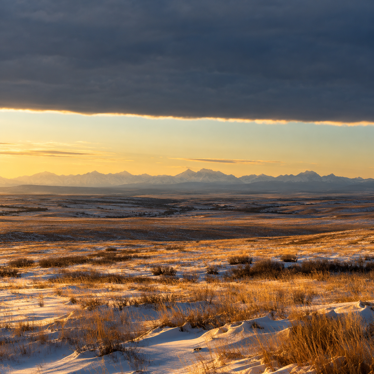 A band of warm clear sky under a Chinook arch above snowy prairie and the Rockies