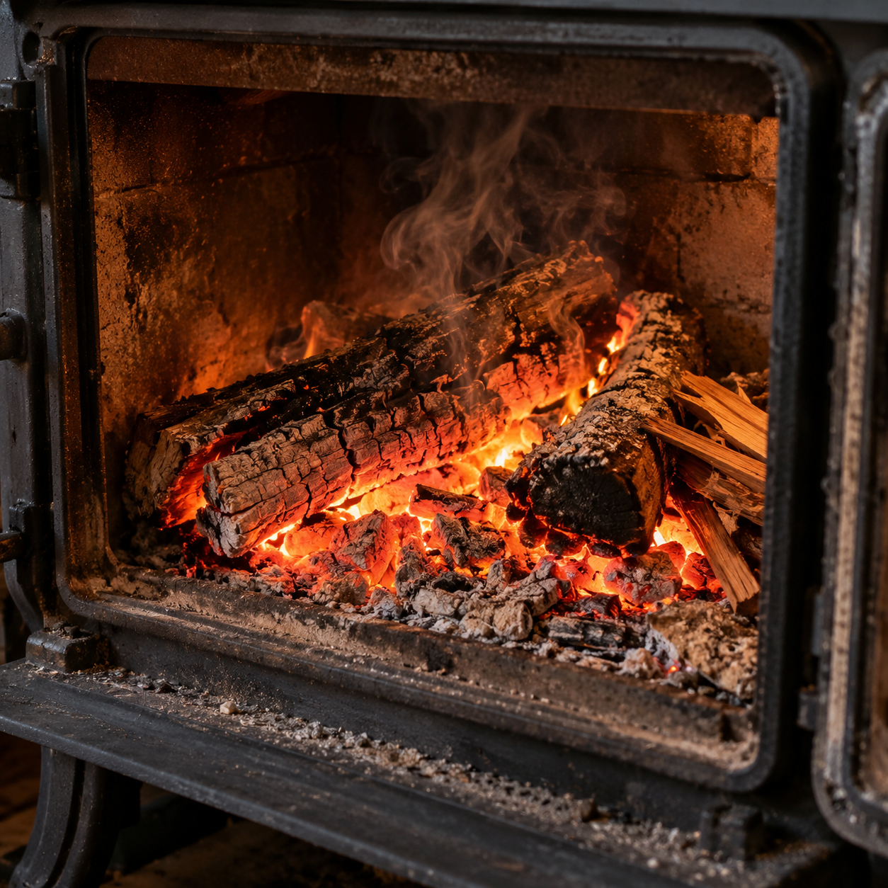 Oak logs burning down to glowing embers in a wood stove