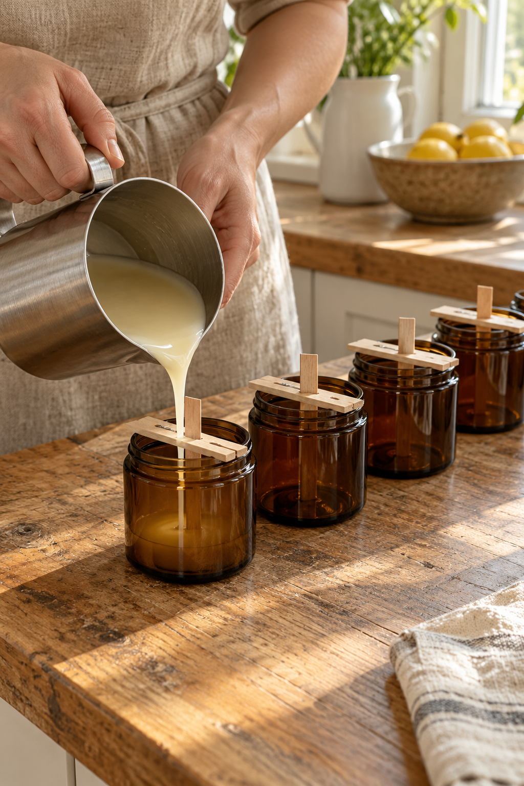 Hands pouring melted wax from a steel pitcher into amber jars with wooden wicks on a kitchen counter